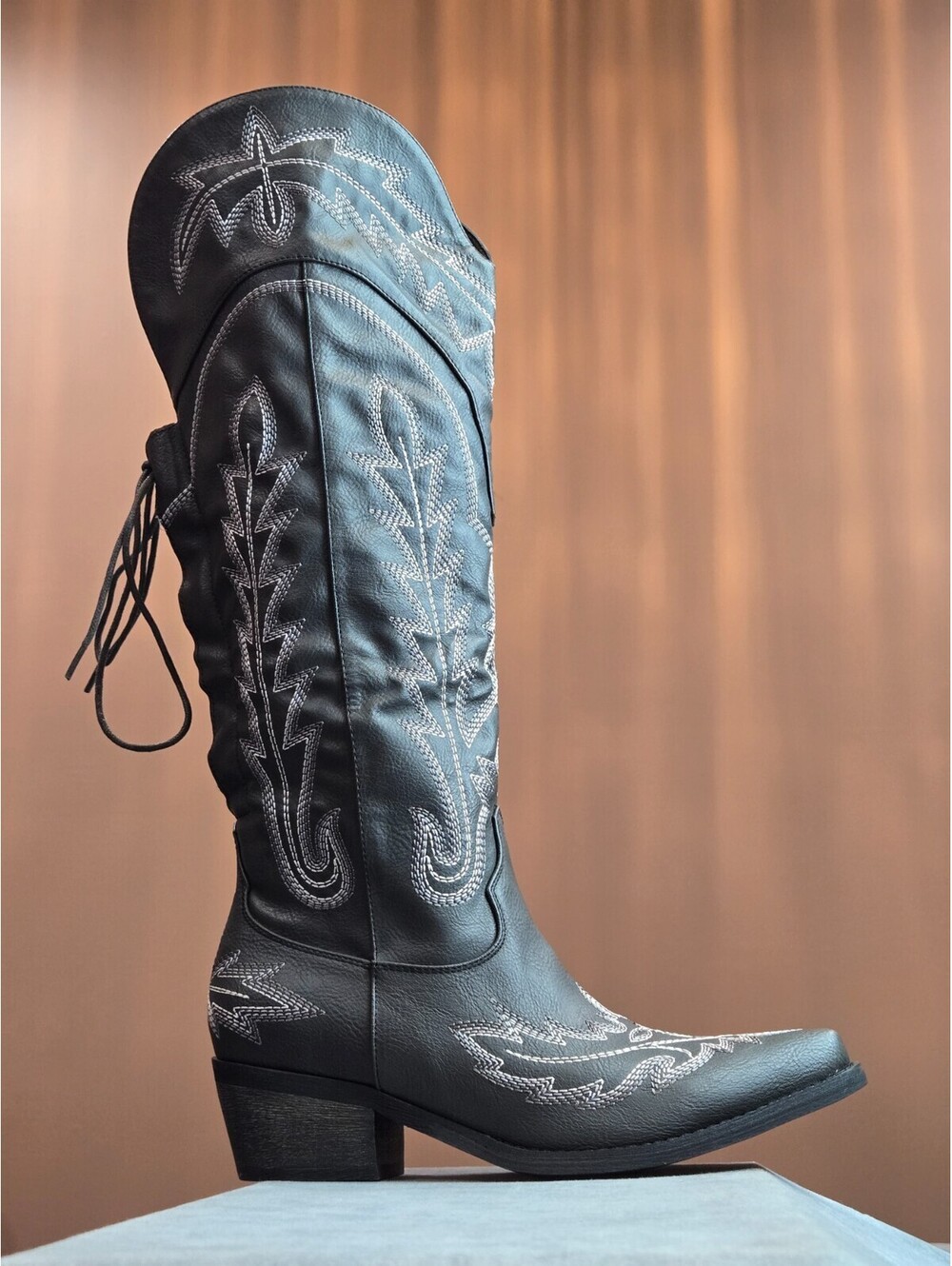 Western Cowboy Boots, Grey, Embroidered, Knee High, Wide Calf, Lace Up Women's 7